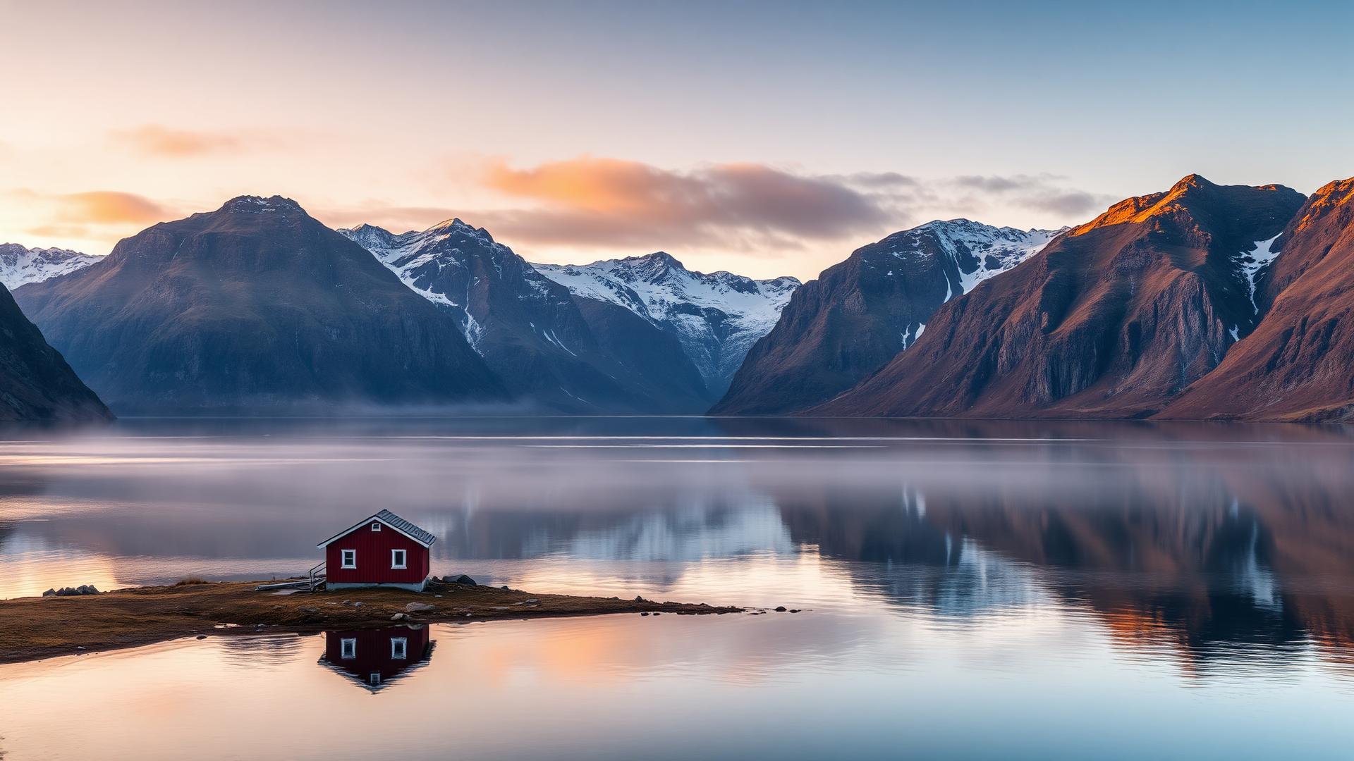 Fjord in Skandinavien bei Sonnenaufgang